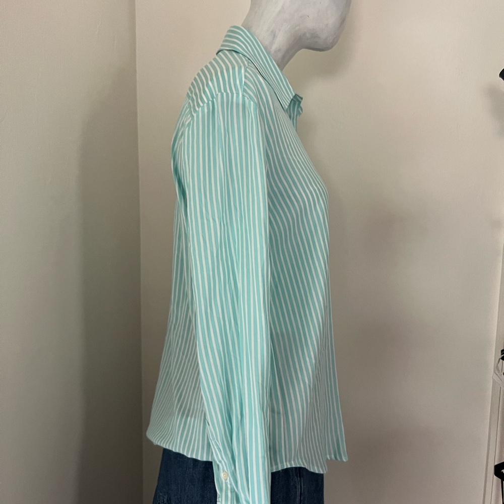 J. McLaughlin Teal and White Striped Sloane Shirt Silk Blend - Picture 7 of 11